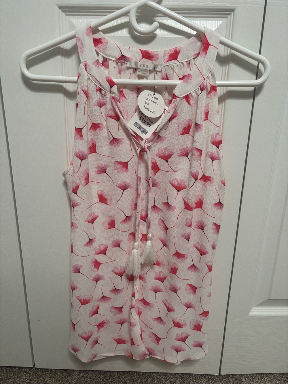 C.C Pink Floral Tassel Tie Sleeveless Shell on Cream